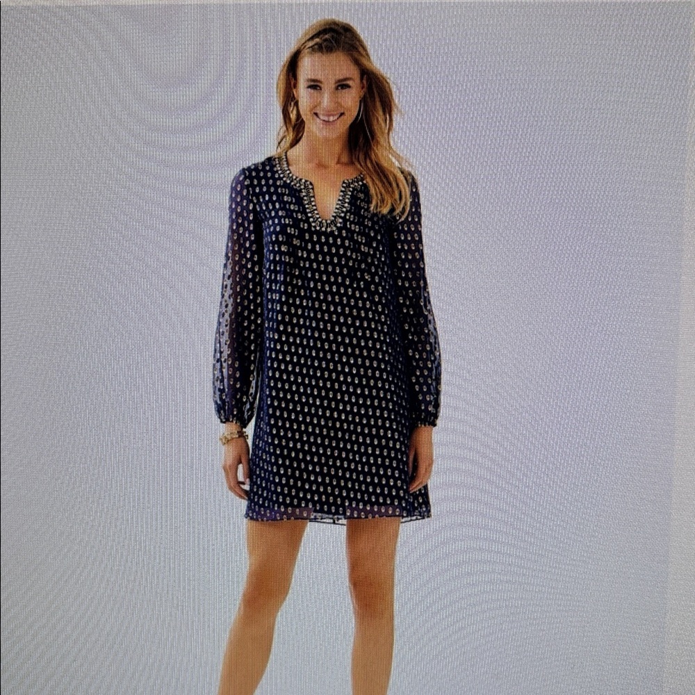 Lilly Pulitzer gold Colby Silk tunic dress navy blue with gold metallic size 2